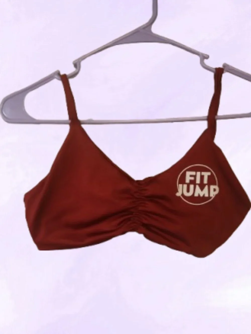 Bundle of 5 of xs's sports bras in burgundy, gray and blue. Sporty exercise work